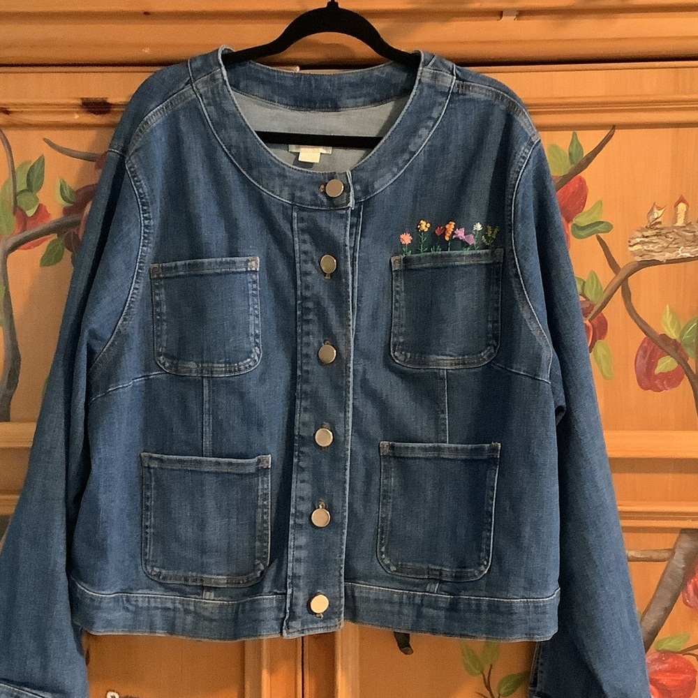 Anthropologie Blue Jean Jacket. I embroidered little flowers on pocket. Plus 3X